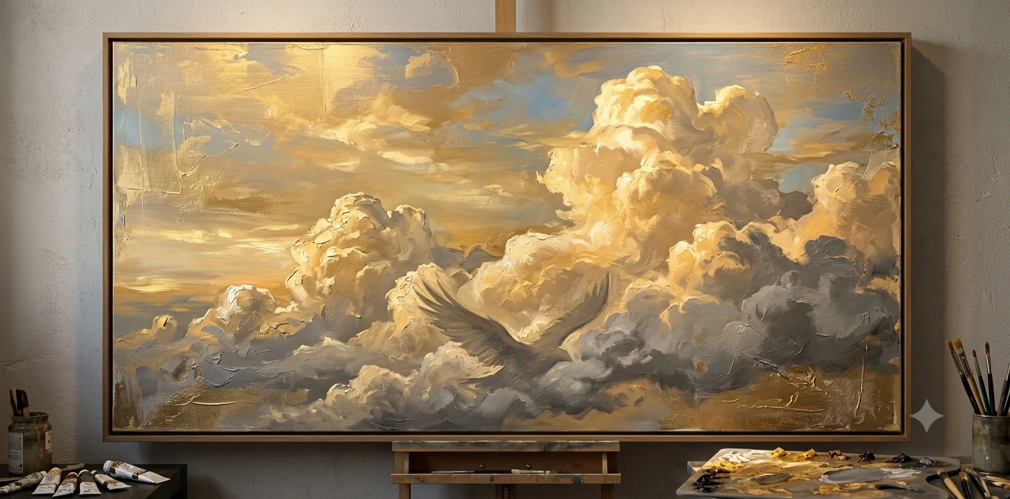 Courtney Janelle's studio, showing the Golden Hour Cumulus painting on an easel surrounded by paint and brushes